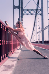 Real professional. Nice skilled ballerina putting her leg on the parapet while showing her excellent flexibility © Viacheslav Yakobchuk