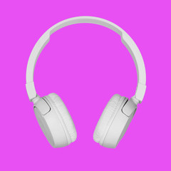 Headphones on modern pink backgrounds. Trendy colorful photo. bluetooth earbuds, white earphones....