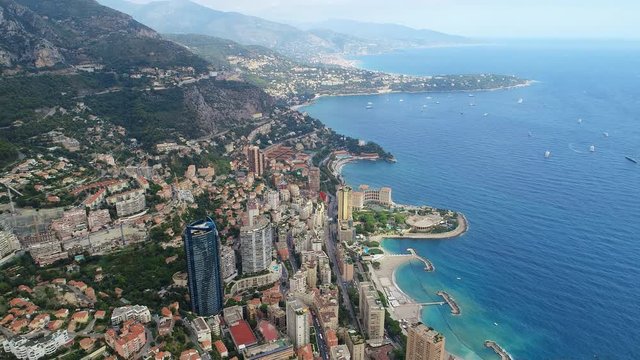 Aerial panoramic view of skyline of Monte Carlo, landscape panorama of Monaco from above, Europe