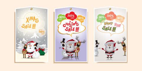 Fototapeta na wymiar Collection of Christmas and New Year cartoon sale tags with Santa Claus,snowman and reindeer.Set of 3 printable hand drawn holiday special offer coupon.