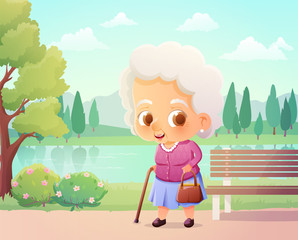 Obraz na płótnie Canvas Elderly woman walking with a cane and holding his bag in the park. Spring season. Vector illustration.