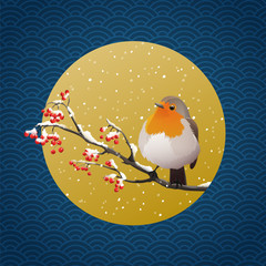 Red robin perched on branch with red berries. Winter season with falling snow. Vector illustration of japanese inspiration. Isolated on golden circle and blue patterned background.