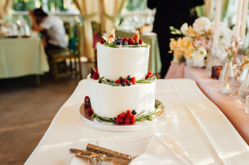 Beautiful cake covered with icing cream, summer berries on the top.