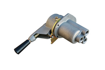 Brake valve reverse action manual control of the truck on an isolated white background. Pneumatic parking brake.