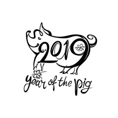 Earth Pig 2019. Year of the Pig on the Chinese Calendar. New Year greeting card. Monochrome pattern line art drawing with pig and calligraphy inscriptions. Vector Illustration.
