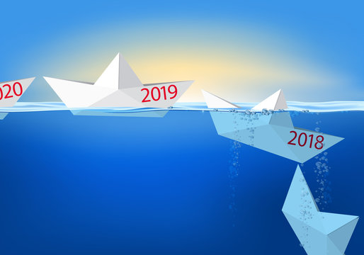 Carte de vœux 2019 montrant des bateaux de papier en origami se succèdes et coulent pour symboliser l’année qui s’achève