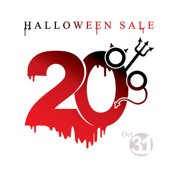 Halloween Sale. Discount of 20 percent vector template. Red blood drawn figures 20%. The forks of the devil represent the percent sign.
