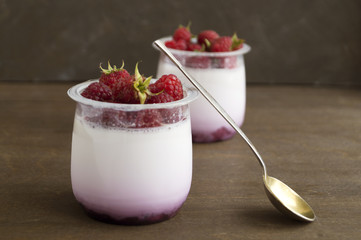 Homemade healthy diet yogurt with raspberries. selective focus