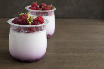 Homemade healthy diet yogurt with raspberries. selective focus