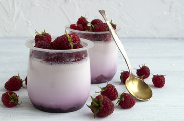 Homemade healthy diet yogurt with raspberries. selective focus