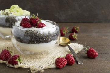 Natural yogurt with Chia seeds and raspberries.