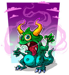 Cartoon funny green monster with horns © GB_Art
