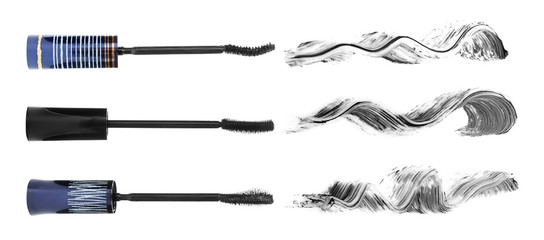 Set with different eyelash mascara wands and strokes on white background