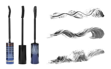 Set with different eyelash mascara wands and strokes on white background