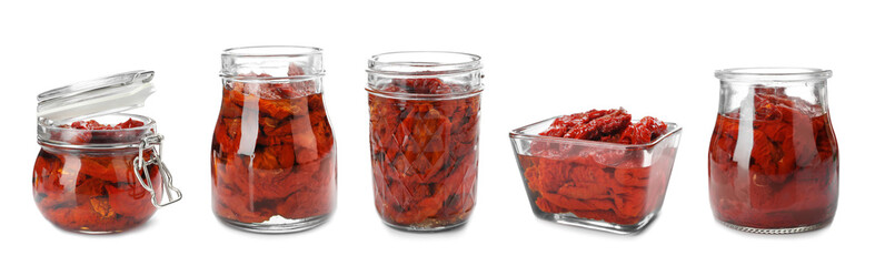 Set of different glassware with sun dried tomatoes on white background