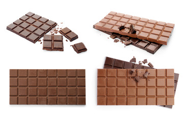 Set with different kinds of delicious chocolate on white background