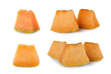 Set with fresh ripe melon pieces on white background