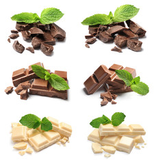 Set with different kinds of delicious chocolate and mint on white background