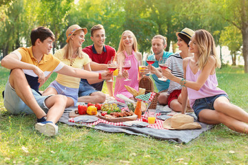 Happy friends having picnic in park on sunny day