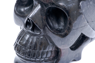 Black realistic carved stone skull with Astrophyllite blades from Russia, isolated on white background.