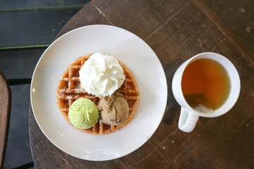 waffle with ice cream topping