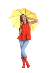 Woman with yellow umbrella on white background