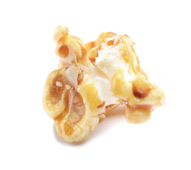 Delicious caramel popcorn on white background
