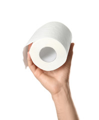 Woman holding roll of toilet paper on white background