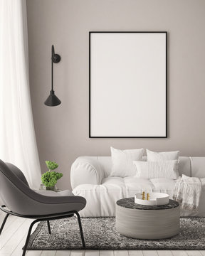 mock up poster frame in hipster interior background, living room, Scandinavian style, 3D render, 3D illustration