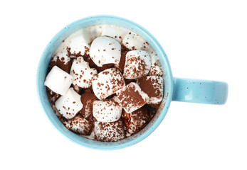 Cup of chocolate milk with marshmallows isolated on white, top view