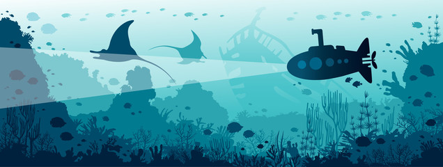 Underwater sea life - mantas, coral reef, fishes, submarine.