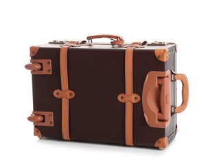 Fashionable brown suitcase on white background