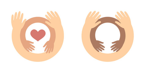 childrens day logo concept - baby hands inside hugging hands care for children, charity symbol.