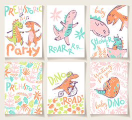 Cute cards with dinosaurs. Party invitation, baby shower, poster