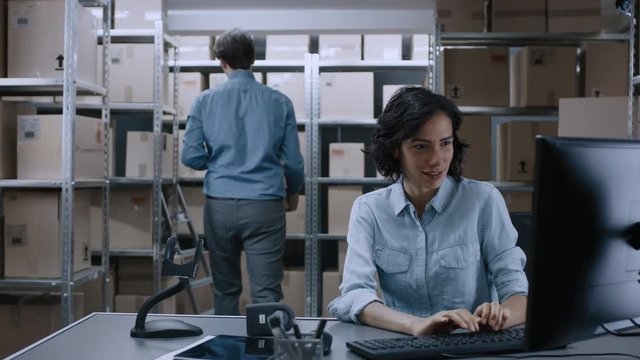 Female Inventory Manager Scans Cardboard Box with Barcode Scanner, Worker Puts Package on the Designated Shelf. In the Background Rows of Cardboard Boxes with Products Ready For Shipment.