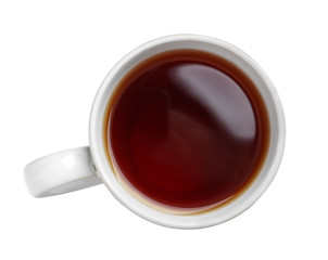 Cup of tea on white background, top view