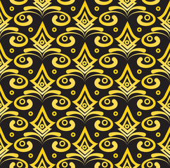 Seamless simple pattern background with gold geometric floral decorative print ornament on a black background. Can be used for fabric, wallpaper, packaging.