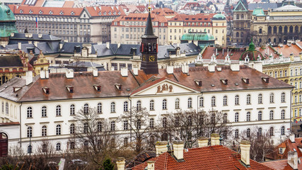 View from the old town bridge tower to Prague, the capital of the Czech Republic on a rainy day.