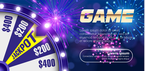 Vector fortune wheel, Online casino design concept. 3d object on abstract defocused circular blue bokeh background. Wheel of luck. Whill of fortune with game button.