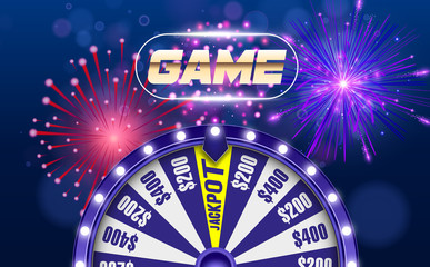 Vector fortune wheel, Online casino design concept. 3d object on abstract defocused circular blue bokeh background. Wheel of luck. Whill of fortune with game button.