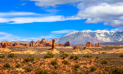 Fototapeta na wymiar Desert Landscape with La Sal Mountains and Window Arch in Arches National Park