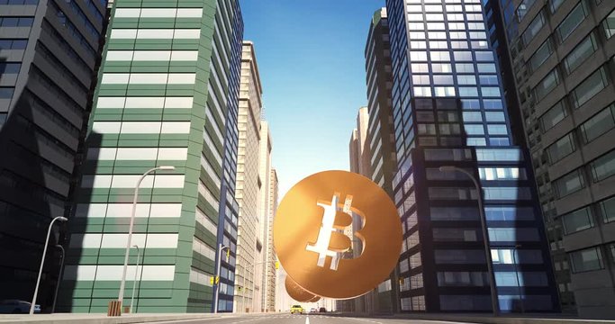 Bitcoin Sign In The City - Digital Currency Related Aerial 3D City Street Flight Animation