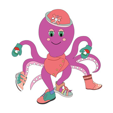 vector illustration of an octopus trying on clothes and shoes, advertising, sale, shoe store, sale of clothes, clothing store