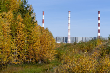 Fototapeta na wymiar Thermal power plant against the background of the autumn landscape