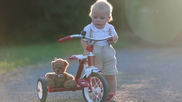 Cute toddler child, boy, playing with tricycle in backyard, kid riding bike on sunset