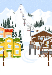 Ski resort vacation with ski lift. Winter outdoor holiday activity sport in alps, landscape with mountain view and forest. Alpine village chalet. Flat style