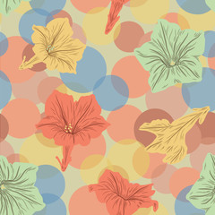 Seamless vector floral pattern with abstract tropical flowers on polka dot background