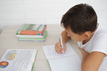schoolboy teaches lessons, studying books writing in a notebook on a white background