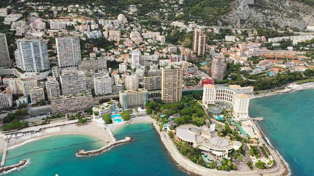 Aerial panoramic view of skyline of Monte Carlo, landscape panorama of Monaco from above, Europe