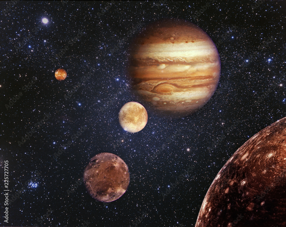 Wall mural planet jupiter and his satellites in outer space. jupiter is the fifth planet from the sun and the l